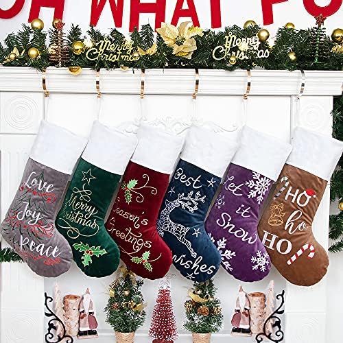 GEX Christmas Stockings 6 Pack for Family 22" Large Embroidered Classic Luxury Velvet Red Green Purple Blue Grey Brown Decorations for Fireplace Xmas Season (Set of 6) - Image 2