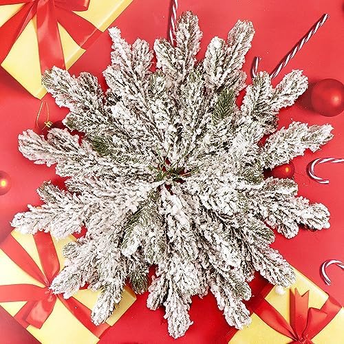 24Pcs Snowy Artificial Pine Needles Branches Twigs 10.6" Fake Frosted Pine Picks Greenery Stems Christmas Pine Tree Picks Winter Fir Pine Sprays Sprigs for Crafts Wreaths Garlands Holiday Decor - Image 5