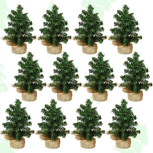 Yinder Tabletop 12 Pcs Mini Christmas Tree 7.87 Inch Artificial Mini Xmas Miniature Pine Christmas Tree with Linen Base for Xmas Holiday Decorations Indoor Home Kitchen Dining Table by Yinder