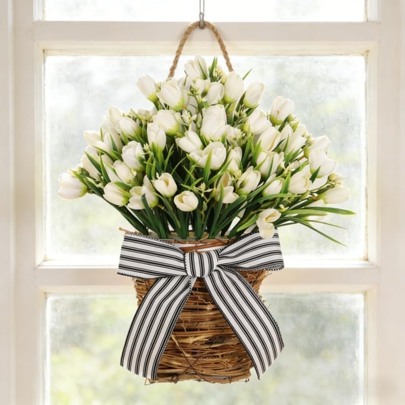 White Tulip Door Hanger Basket Wreath for Front Door,Artificial Tulip Flower Wreaths Hanging Decor with Woven Basket,Spring Summer Baskets Wreath for Wall Window Holiday - Image 4