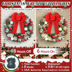 Christmas Wreath with Lights, 20" Christmas Wreaths for Front Door with Red Bow, Christmas Door Wreath for Indoor Outdoor Fireplace Wall Window Christmas Decor - Image 2