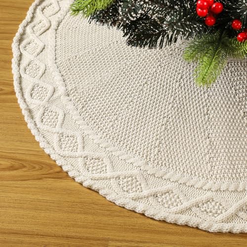 Sattiyrch Knit Christmas Tree Skirt – Classic Cable Knit Tree Base Wrap with Tie Closure – Cozy Holiday Décor for 7.5–9 ft Christmas Tree (White,48in) by Sattiyrch