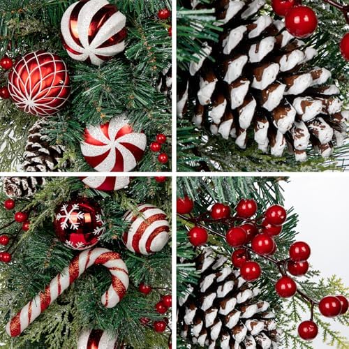 30" Christmas Teardrop Swag for Front Door Artificial Winter Swag Garland with Pine Cones, Berry Clusters, Red Ball Ornaments and Ribbons for Thanksgiving Holiday Christmas Decoration - Image 3