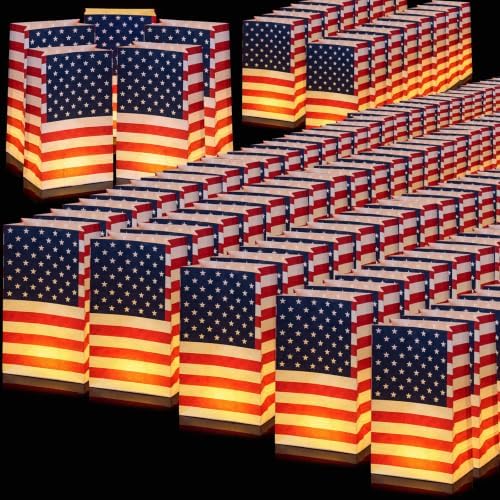 Sabary 100 Pcs Patriotic Luminary Bags USA Flag Flame Resistant Candle Reusable Paper Lantern for Independence Day 250 Anniversary Memorial Day Decorations Diwali Veterans Party by Sabary