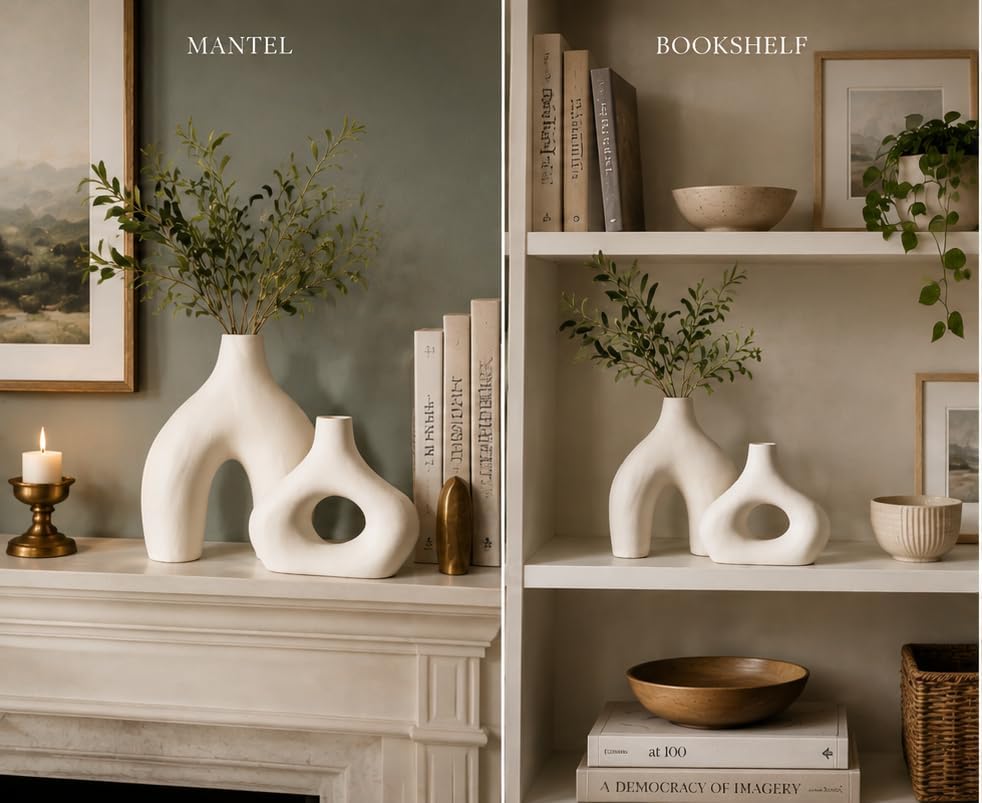 Carrot's Den Ceramic Modern Vase Set of 2, Donut Shelf Decor, Warm White - Image 3