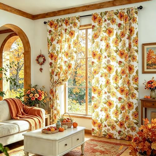youleyar Fall Curtains for Living Room, 96 Inch Length Rod Pocket Printed Pattern Fall Curtian Panels, Autumn Orange Floral Window Drapes for Bedroom Dining Room Drapes, 52" W x 96" L - Image 3