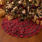 Red Ruffle Christmas Tree Skirt Red and Green Tartan Plaid 48 in - Image 4