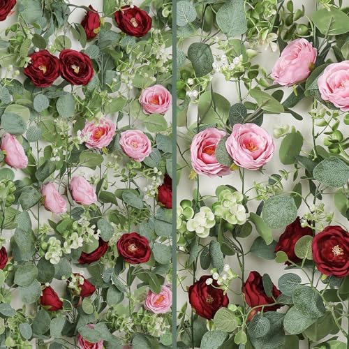 TOCHGREEN 4 Pack Artificial Eucalyptus Flower Garland with Red Pink Roses - Image 5