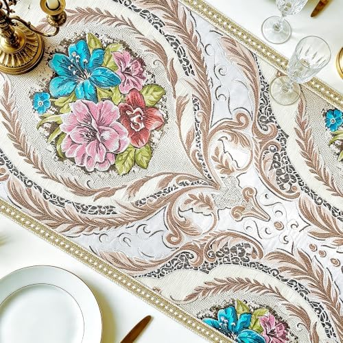 Luxury Jacquard Dinner Table Runners 48" Retro Floral Cream White Chenille - Image 3