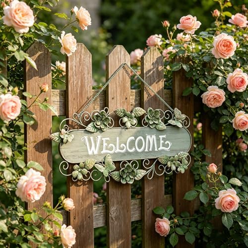 24.4"L Vintage Metal & Wood Hanging Welcome Sign, Rustic Farmhouse Distressed Wall Decor with Flower & Butterfly, Outdoor Decoration for Garden Porch Patio Yard - Image 3