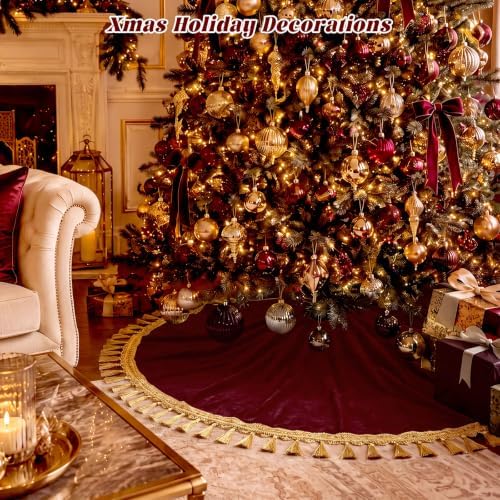 Blueweenly 48 Inch Burgundy Christmas Tree Skirt, Gold Tassel Edge - Image 5