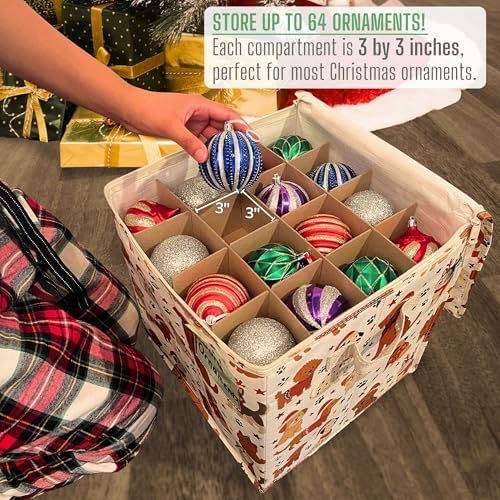 VENO 2 Pack Christmas Ornament Storage Box, Holiday Ornament Organizer with Adjustable Dividers, Sturdy Storage Containers for 64 Ornaments, Zippered Lid & Handles, 3" Cube (Holiday Pups) - Image 3