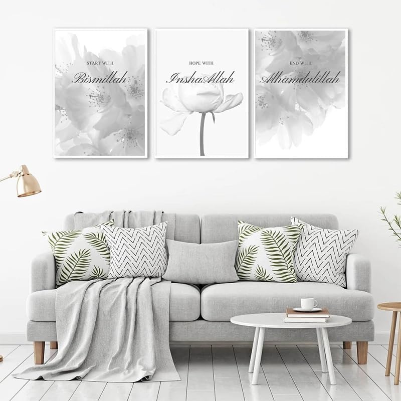 Set of 3 Islamic Floral Calligraphy Black White Canvas Painting Print Flower Wall Art Muslim Poster Decorative Pictures Living Room Decor No frame - Image 3