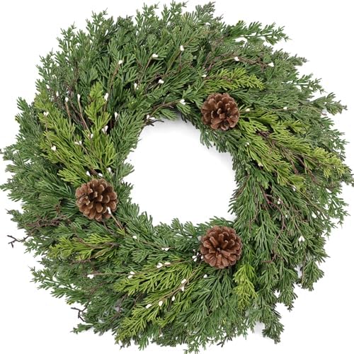 24 Inch Real Touch Lush Christmas Wreaths for Front Door with White Berries/Pine Cone Outdoor Christmas Decorations Winter Wreath Cypress Wreath for Windows Indoor Outside Xmas Home Decor Holiday by CHEAWRTZ