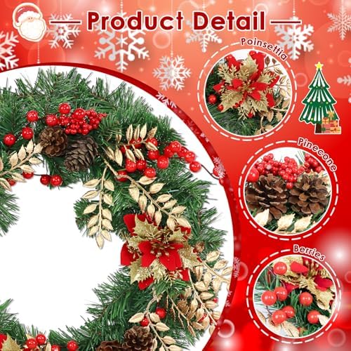 Christmas Wreaths for Front Door Decor Flower, 22" Winter Poinsettia - Image 4