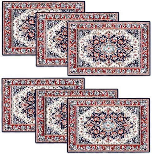 Boho Placemats Set of 6 Traditional Oriental Table Mats Abstract Place Mats Decor Imitation Linen Heat Resistant Blue Red Florals Tablecloth for Dining Decorations Kitchen Party Restaurants 12''x18'' by gkmaolt