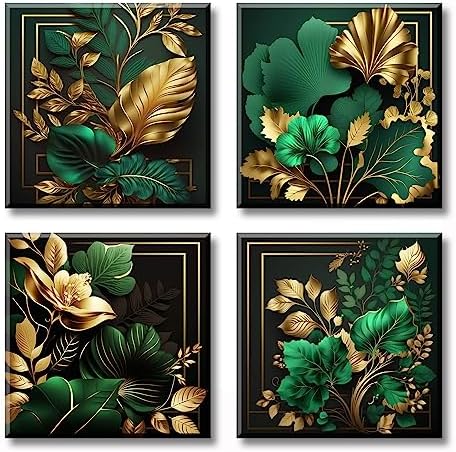 DJSYLIFE Green and Gold Tropical Plant Leaves Canvas Wall Art 12x12 Inch by DJSYLIFE