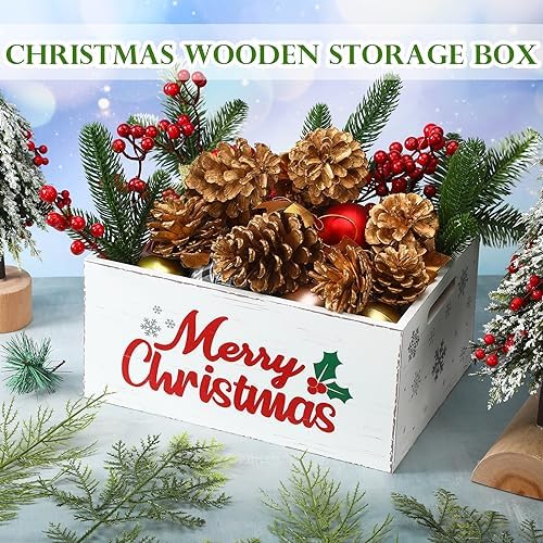 Namalu Christmas Hot Cocoa Bar Storage Box Wooden Crate with Handles Hot Cocoa Decorative Rustic Farmhouse Wood Basket Christmas Wood Storage Bins Organizer Bucket for Xmas Candy Dish Home(White) - Image 4