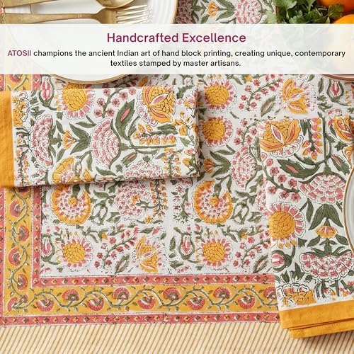 ATOSII Cotton Blockprint Cloth Napkins, Clover Yellow, Set of 4, 20" X 20" - Image 3