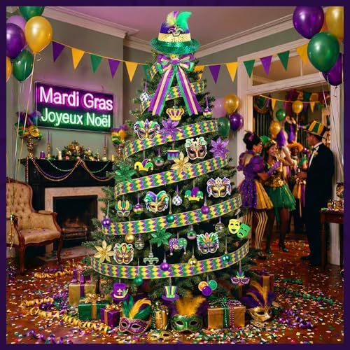Halfchet 43 Pcs Mardi Gras Theme Tree Decoration Mardi Gras Theme Tree Hanging Ornament Carnival Purple Green Gold Decoration for Carnival Party Decor - Image 5