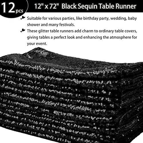 12 Packs Sequin Table Runner Glitter Dining Table Runner for Birthday Wedding Engagement Bridal Baby Shower Bachelorette Holiday Celebration Party Supplies Decorations (12" x 72", Black) - Image 2