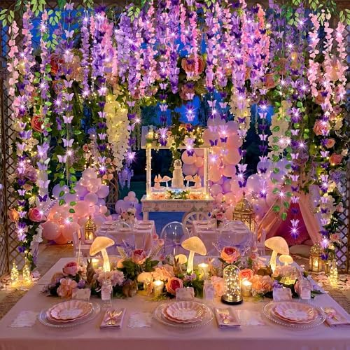 Duraaamo 35 Pcs Fairy Party Garland Decoration LED Artificial Wisteria Hanging Flowers Garland 3D Butterfly Hanging Decor Vine Rattan Ivy Greenery for Spring Home Wedding Fairy First Birthday Party - Image 3