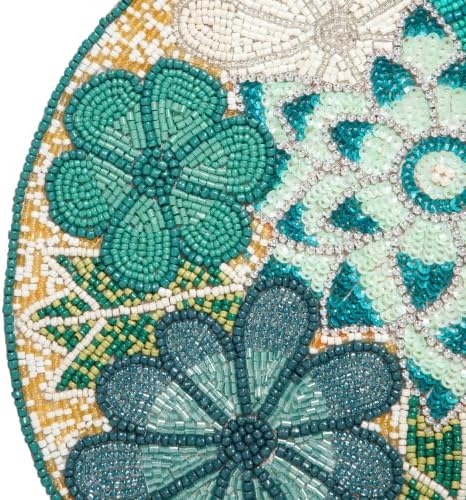 Lightnpro Flower Beaded Placemats Round, Rustic Farmhouse Hand Beaded Floral Placemats to Decorate Christmas Xmas Wedding Family Party Thanksgiving Dinner Table Décor - 13 Inch - Teal Combo - Image 3