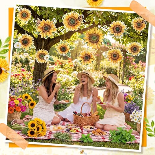 RattanView 12 Pcs Large Outdoor Sunflower Party Decor Hanging Summer Decorations Tree Ornaments Plastic Flower Tags with String Outdoor Lawn Yard for Sunflower Baby Shower Garden Decor - Image 6