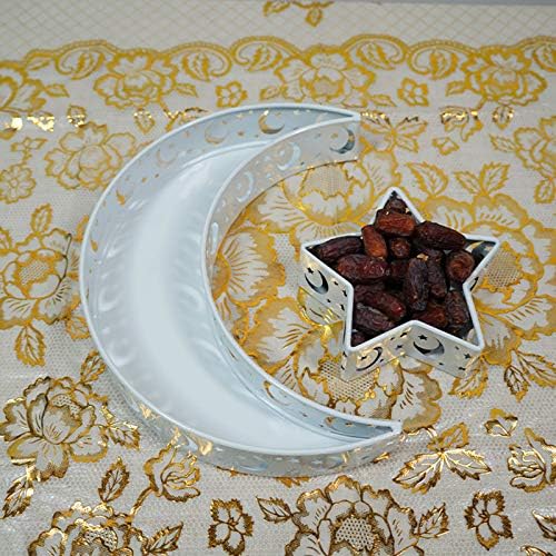 Eid Mubarak Moon Star Tray, Ramadan Decoration Ramadan Trays, Muslim Wooden Plate Tray Moon Star Shaped Food Fruit Serving Tray, Eid Mubarak Dessert Tray for Ramadan Festival Party(Silver A1) by TITA-DONG