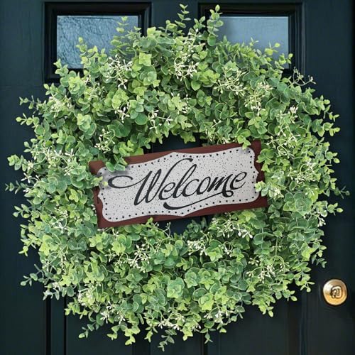 26'' Artificial Eucalyptus Wreath with Welcome Sign for Front Door (Green) by YXZZWL