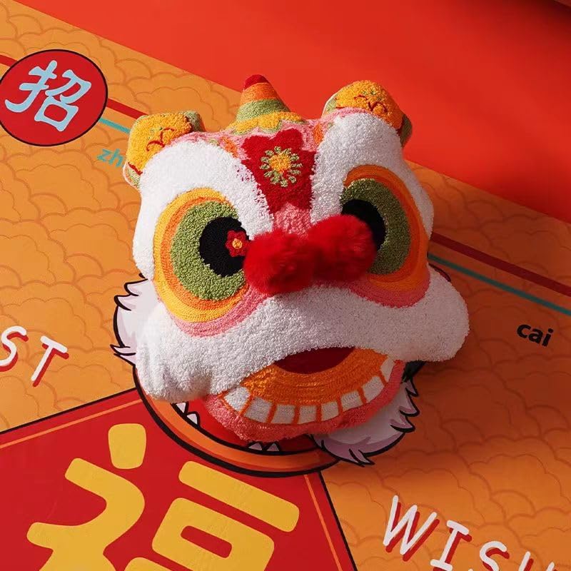 Lion Dance Head Pillow New Year Colorful Embroidered Cushion Chinese Style Lucky Home Decoration Living Room Bedroom Bedding (13.8×15.7, pink) - Image 2