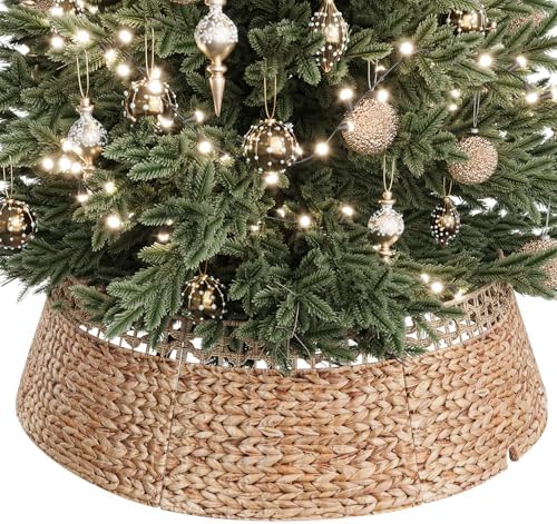 ELYKEN 42 Inch Woven Rattan Christmas Tree Collar, Stylish Seagrass & Water Hyacinth Xmas Tree Skirt for Artificial Trees, Wicker Tree Base Cover with Cord Cut-Out Farmhouse Tree Ring for Home Decor by ELYKEN