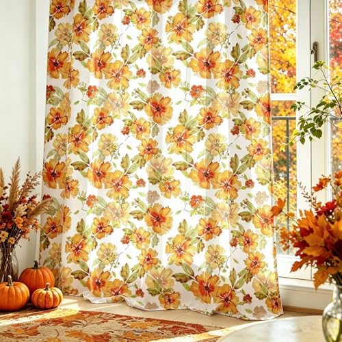 youleyar Fall Curtains for Living Room, 96 Inch Length Rod Pocket Printed Pattern Fall Curtian Panels, Autumn Orange Floral Window Drapes for Bedroom Dining Room Drapes, 52" W x 96" L - Image 7