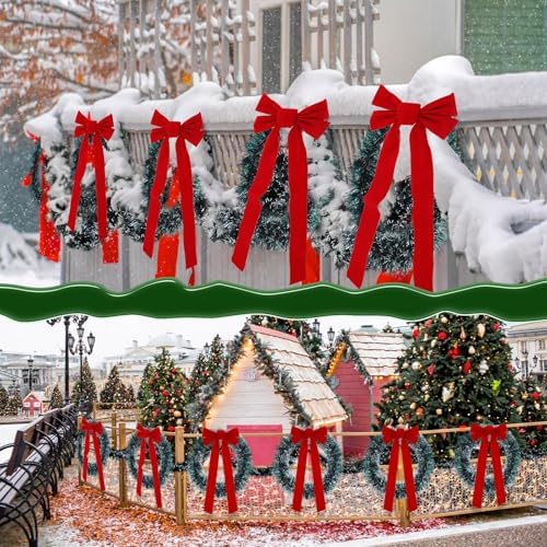 Riceshoot 50 Feet Christmas Garland with Lights 8 Red Bows Outdoor Fence - Image 4