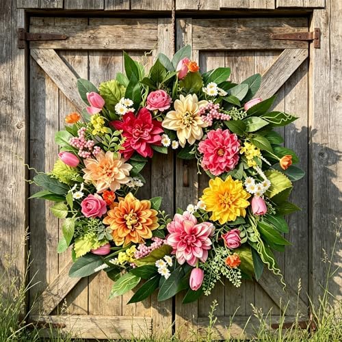 24 Inch Spring Summer Wreath for Front Door - Artificial Floral Wreath with Roses, Dahlia and Tulip Flowers and Green Leaves, Farmhouse All Season Home Decor for Indoor Outdoor Wall Porch - Image 3