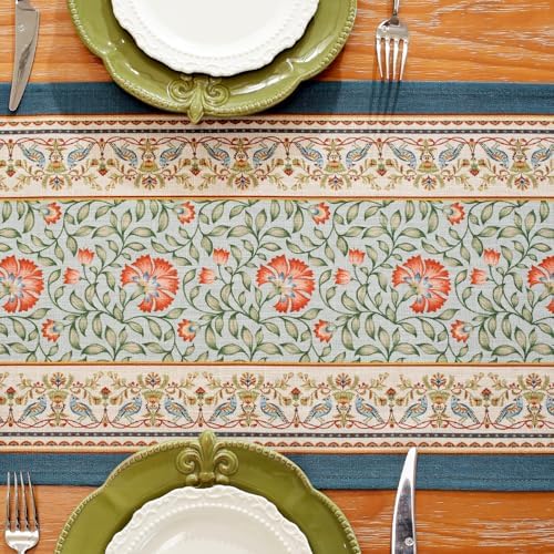Laolitou Designer Blue Floral Linen Table Runner, Vintage Cottage Rustic Table Runners, Wrinkle Resistant Table Decoration for Kitchen Dining and Coffee Tables Banquet Christmas 13x90 Inches - Image 4