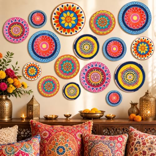 RattanView Mandala 18 Pcs Indian Round Wall Art, Diwali Wall Hanging Decor - Image 3