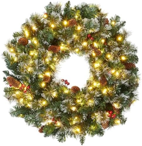 Casafield 30" Pre-Lit Fir Artificial Christmas Wreath Holiday Décor, 100 LED Lights, 260 PVC Tips Pinecones, Berries for Front Door, Window, or Mantel by Casafield