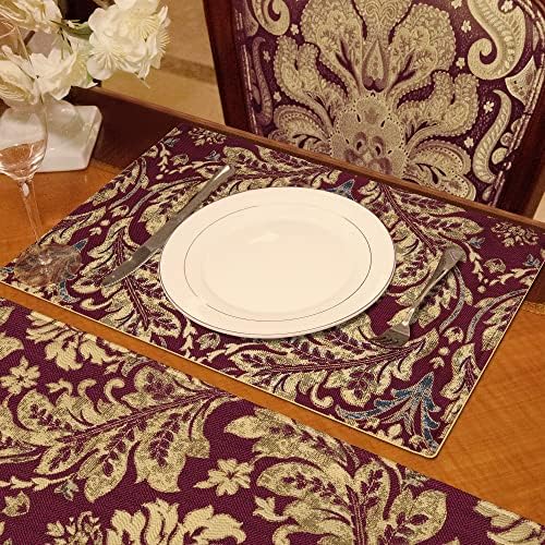 Loom and Mill Luxury Jacquard Placemats Set of 6, Burgundy Red, 12x18 in - Image 2