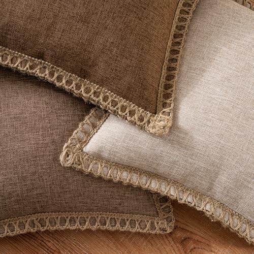 MIULEE Set of 2 Rustic Linen Burlap Throw Pillow Covers 18x18 Champagne - Image 3