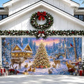 Christmas Garage Door Banner 157.5 x 70.9 in, Snowy Winter Forest Christmas Garage Door Cover with Christmas Tree Deer Cabin Scene, Holiday Outdoor Decorations for Home Yard, Includes 393.7 in Rope and 10 Reinforced Grommets by KKYEJLQYI