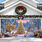 Christmas Garage Door Banner 157.5 x 70.9 in, Snowy Winter Forest Christmas Garage Door Cover with Christmas Tree Deer Cabin Scene, Holiday Outdoor Decorations for Home Yard, Includes 393.7 in Rope and 10 Reinforced Grommets by KKYEJLQYI