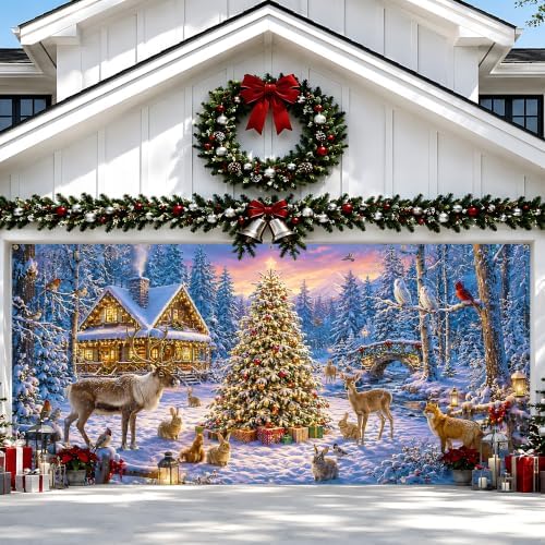 Christmas Garage Door Banner 157.5 x 70.9 in, Snowy Winter Forest Christmas Garage Door Cover with Christmas Tree Deer Cabin Scene, Holiday Outdoor Decorations for Home Yard, Includes 393.7 in Rope and 10 Reinforced Grommets by KKYEJLQYI