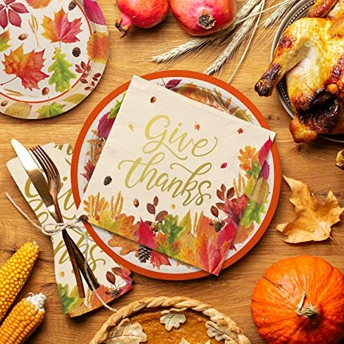 Fall theme Party Supplies Kit, Serve 25, Autumn Harvest Disposable Dinnerware Includes: Paper Dinner Plates, Dessert Plates, Napkins, Cups, and Tablecloth, for Thanksgiving Party Decorations - Image 4