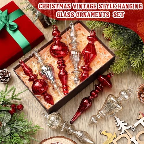 Mifoci 8 Pcs 6 Inch Mercury Glass Finial Christmas Ornaments,Red, Silver - Image 2