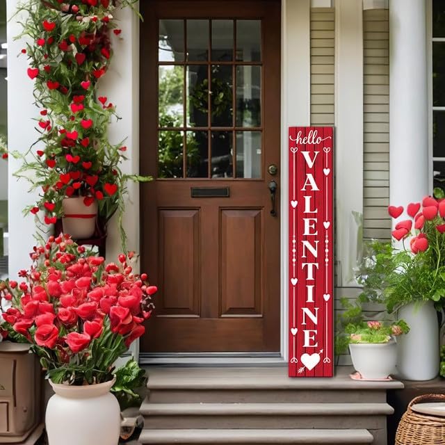 SRongmao Valentines Wooden Porch Sign Love Porch Sign Vertical Valentine's Day Porch Sign Hello Valentine Sign Rustic Tall Welcome Sign for Farmhouse Home Front Door Yard Party Decor 8x63inch - Image 5