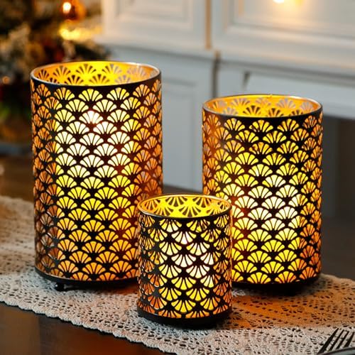 JHY DESIGN Set of 3 Metal Candle Holders Bronze Hurricane Pillar Candleholder Vintage Table Candlestick Holders Great Centerpieces for Home Decor Wedding Parties Events by JHYDESIGN