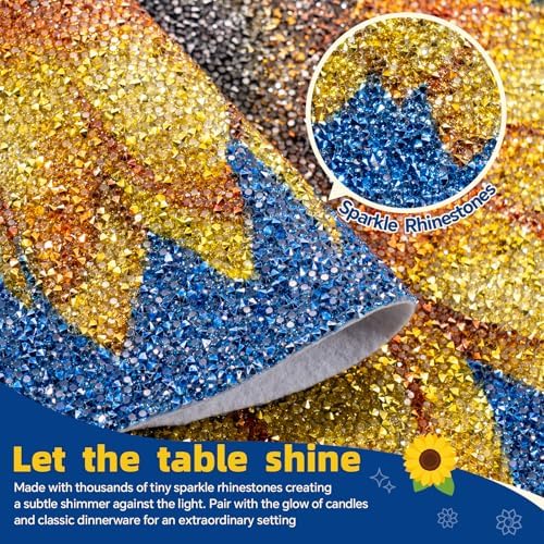 15" Sunflower Rhinestones Placemats Set of 4, Round,Blue Yellow - Image 2