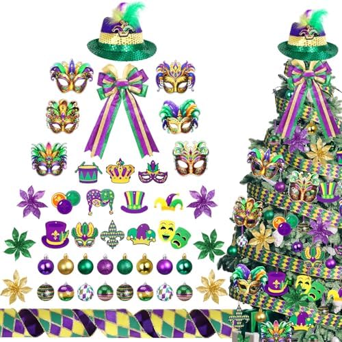 Halfchet 43 Pcs Mardi Gras Theme Tree Decoration Mardi Gras Theme Tree Hanging Ornament Carnival Purple Green Gold Decoration for Carnival Party Decor by JaaMiin