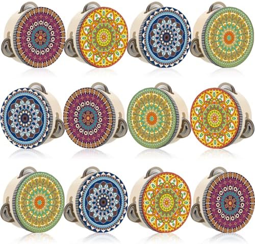 Boao 12 Pcs 4 Inch Mandala Tambourines Bulk Wooden Hand Drum with Metal Jingles Decorative Boho Percussion Instrument for Adults, Church, Wedding, Dance, Party Favors, Photography Props by Boao